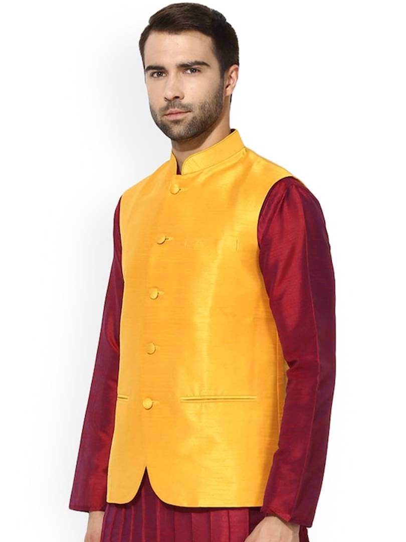 Men's Yellow 
Silk Blend
 Solid
 Nehru Jackets